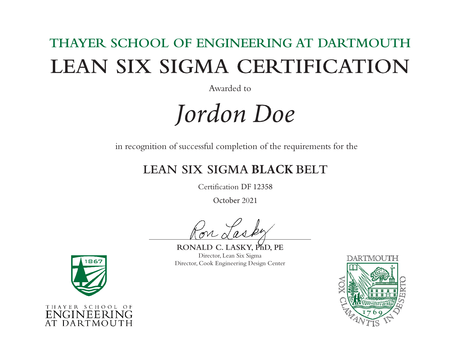 Thayer School of Engineering at Dartmouth Lean Six Sigma Green Belt Certificate